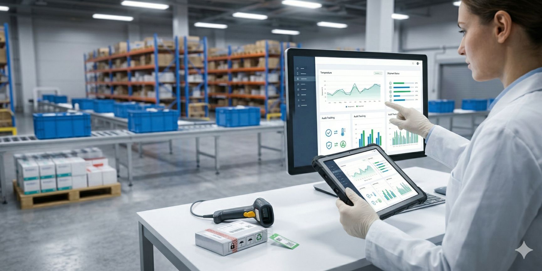 Detailaufnahme einer QS-Station in einem GDP-Logistikzentrum. Eine Spezialistin prüft Daten auf einem Dashboard. Im Hintergrund validierte Behälter auf Förderbändern. SEO, barrierefrei.